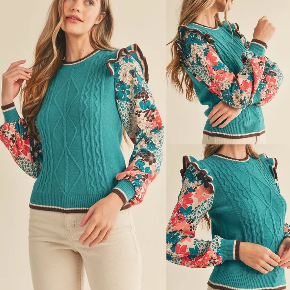 Turquoise cable knit floral ruffle sleeve sweater - gift with purchase!